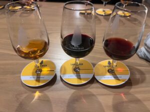 3 port wine glasses with a white, ruby and tawny 